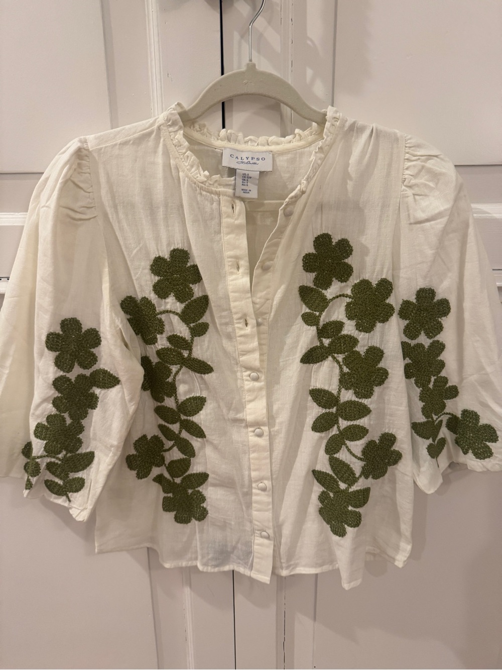 Calypso White Cotton Button-Front Blouse with Olive Green Floral Embroidery